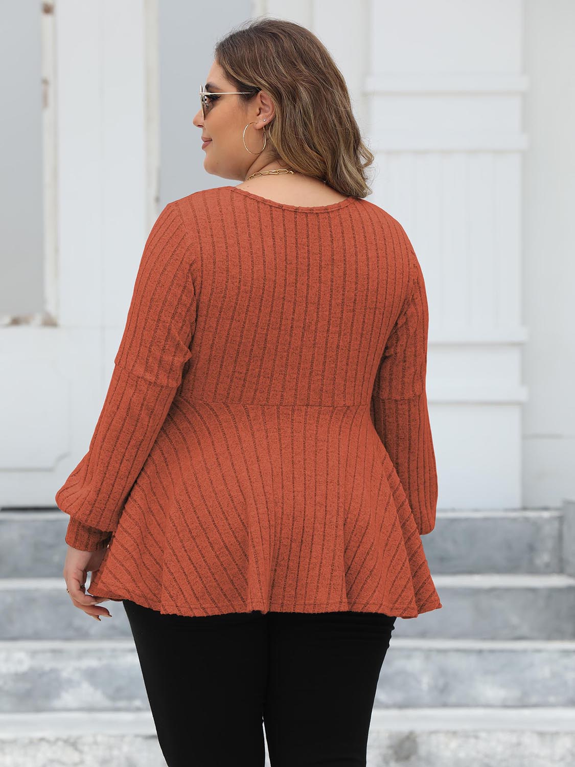 Plus Size Ribbed V-Neck Long Sleeve Blouse - Classique Collection