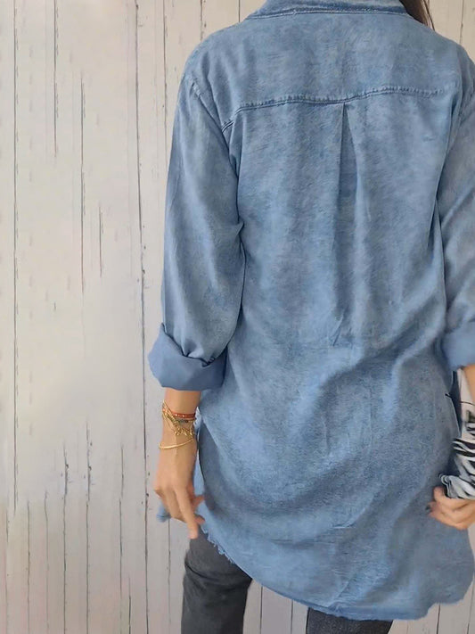 Full Size Raw Hem Button Up Long Sleeve Denim Top Plus Size - Classique Collection