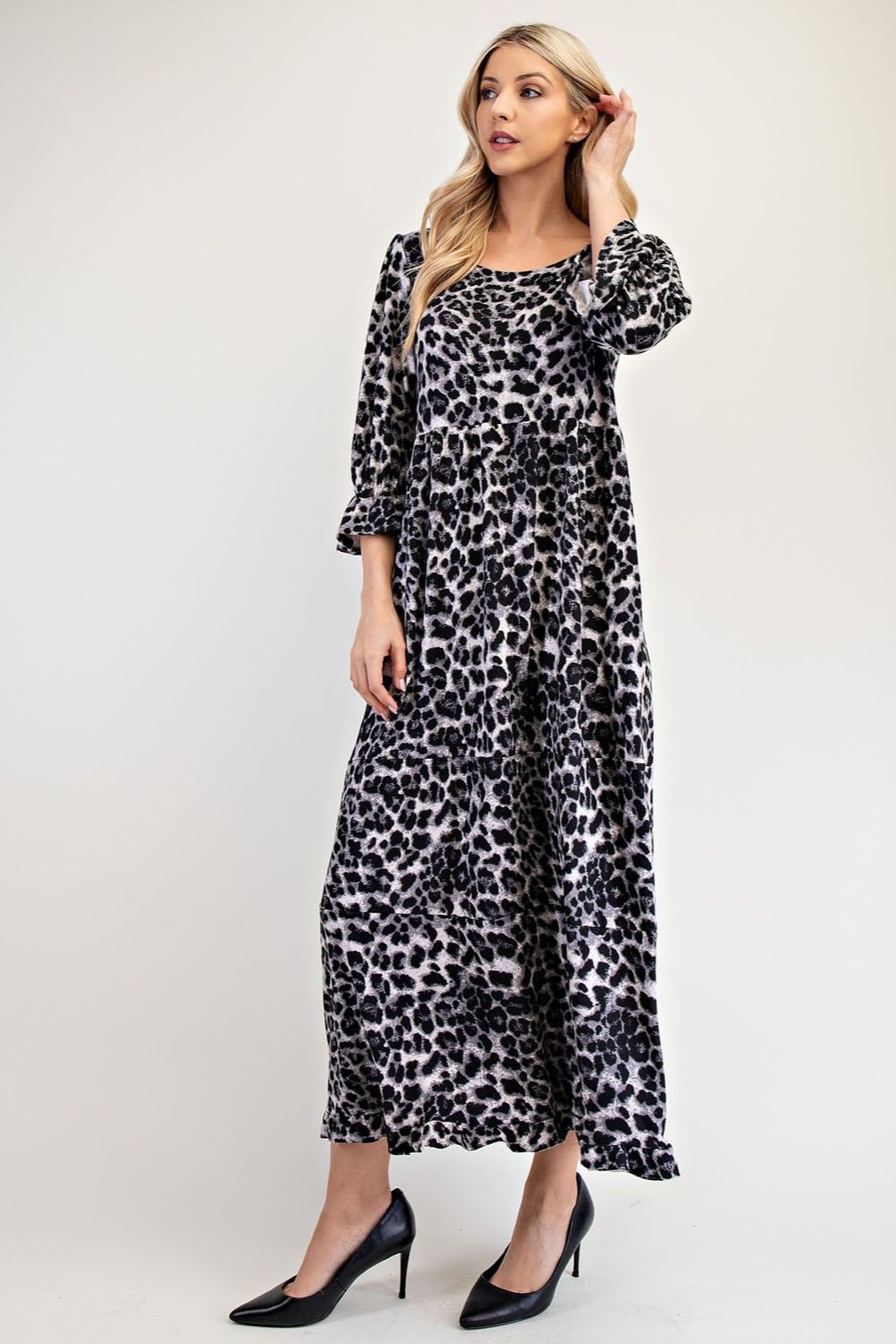 Celeste Full Size Leopard Round Neck Flounce Sleeve Dress - Classique Collection