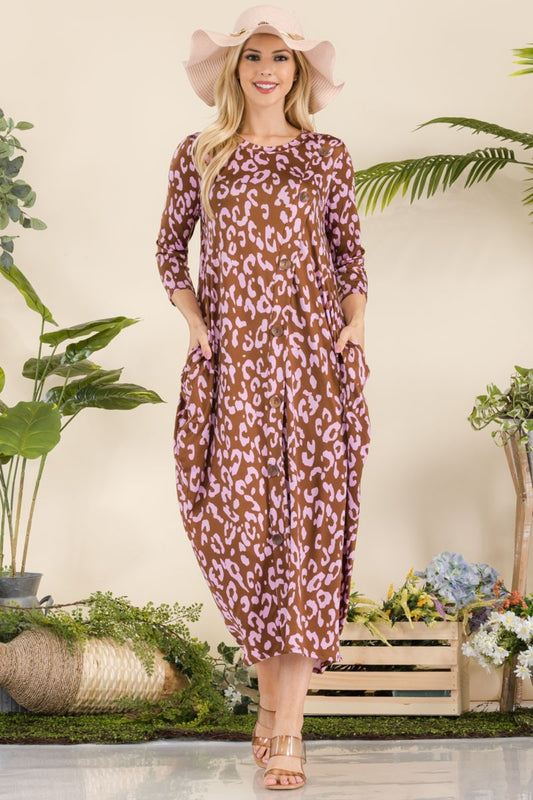 Celeste Full Size Leopard Contrast Dress with Pockets - Classique Collection