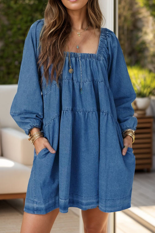 Tied Square Neck Long Sleeve Denim Dress with Pockets - Classique Collection