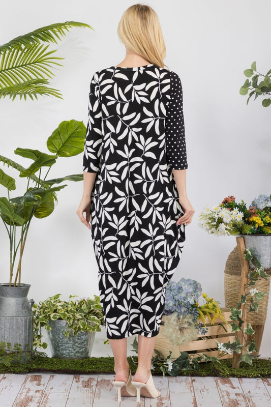 Celeste Full Size Floral Polka Dot Contrast Midi-Dress with Pockets - Classique Collection