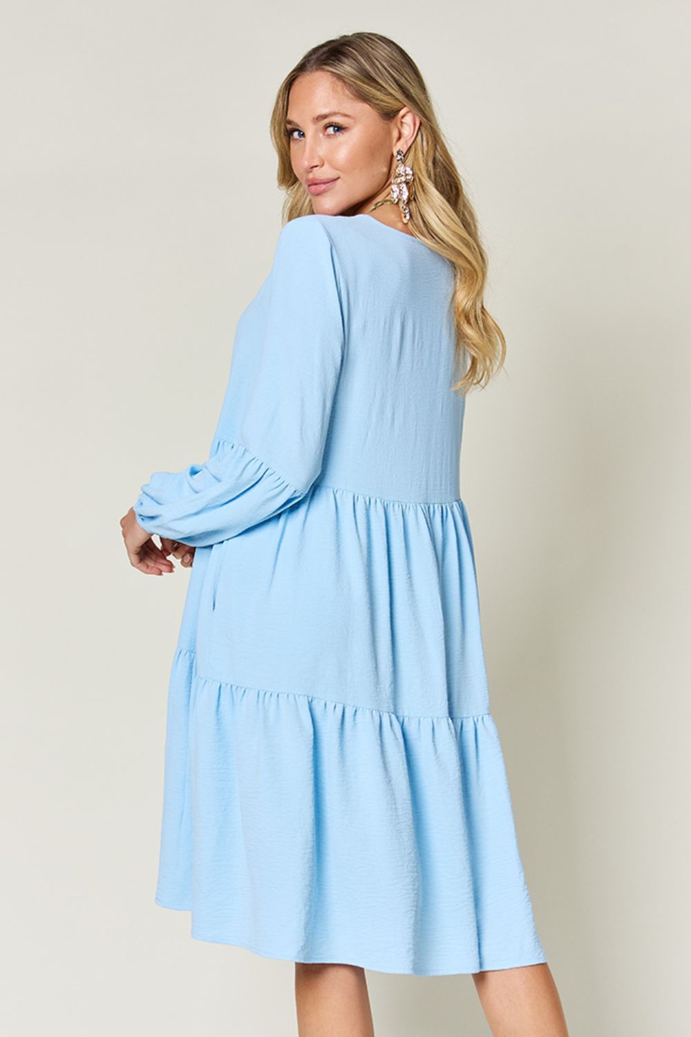 Double Take Full Size V-Neck Balloon Sleeve Tiered Dress with Pockets - Classique Collection
