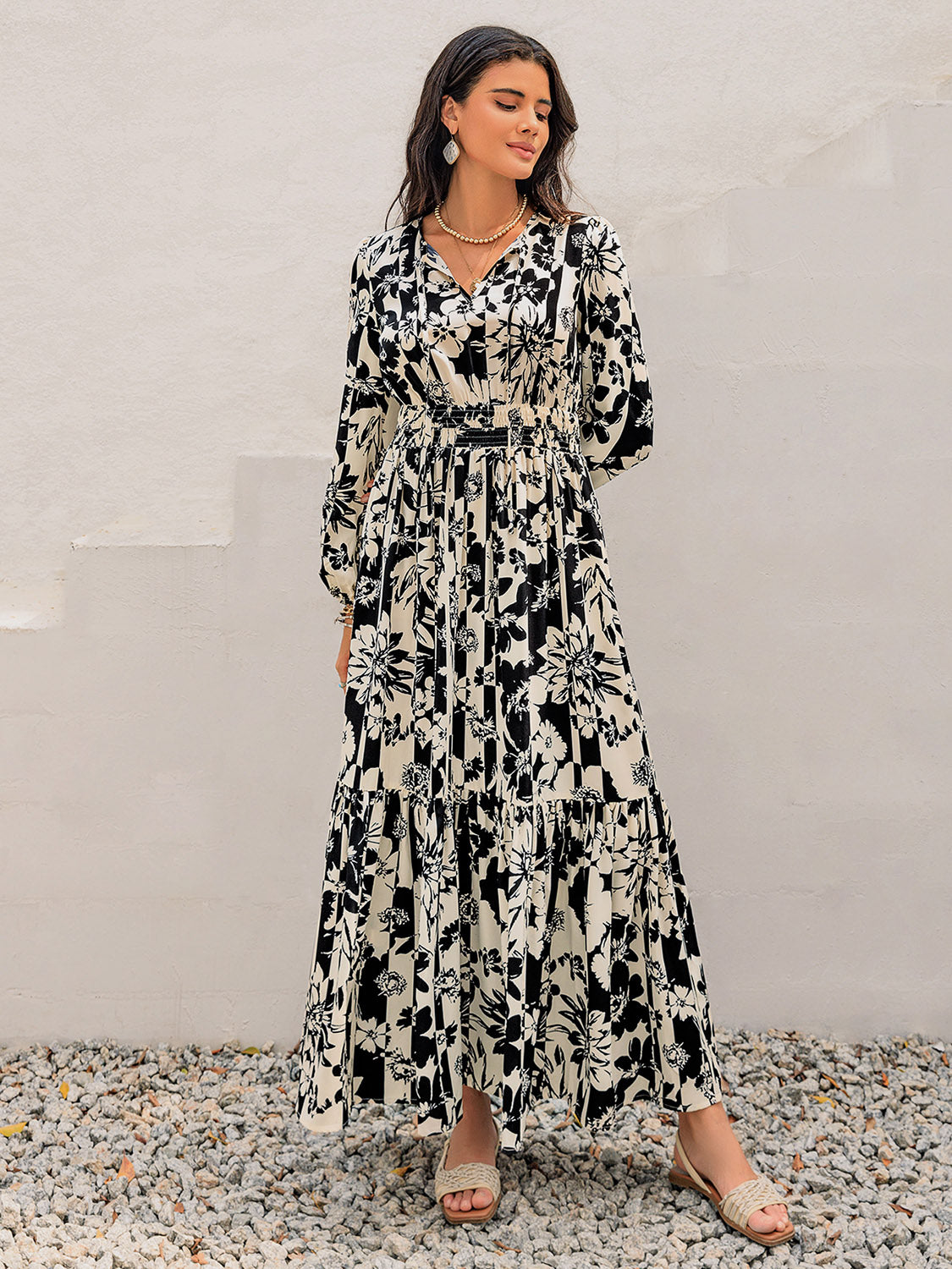 Smocked Printed Tie Neck Long Sleeve Dress - Classique Collection