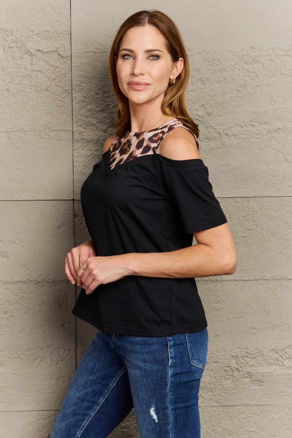 Perfee Leopard Print Round Neck Cold Shoulder Blouse - Classique Collection