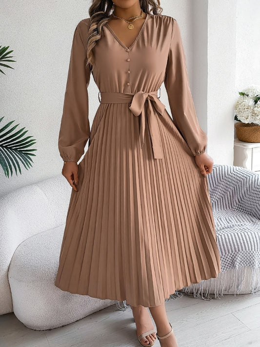 Pleated Tied V-Neck Long Sleeve Dress - Classique Collection
