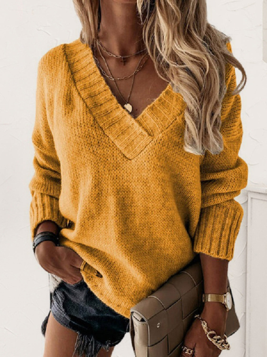 V-Neck Long Sleeve Knit Top - ClassiQ