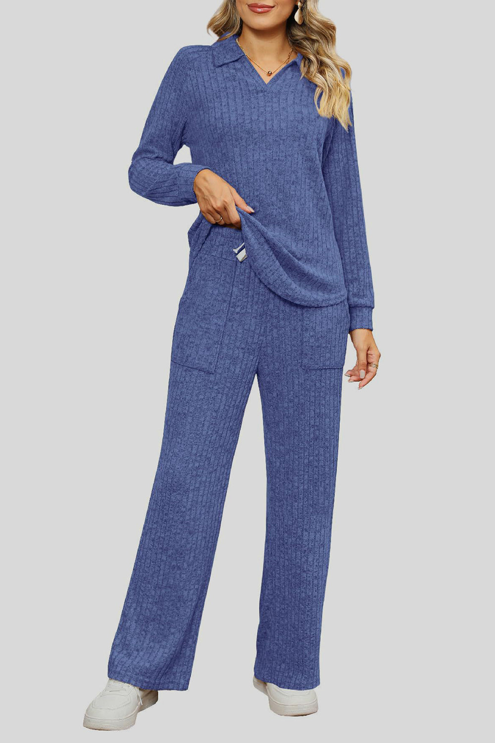 Ribbed Long Sleeve Top and Pocketed Pants Set - ClassiQ