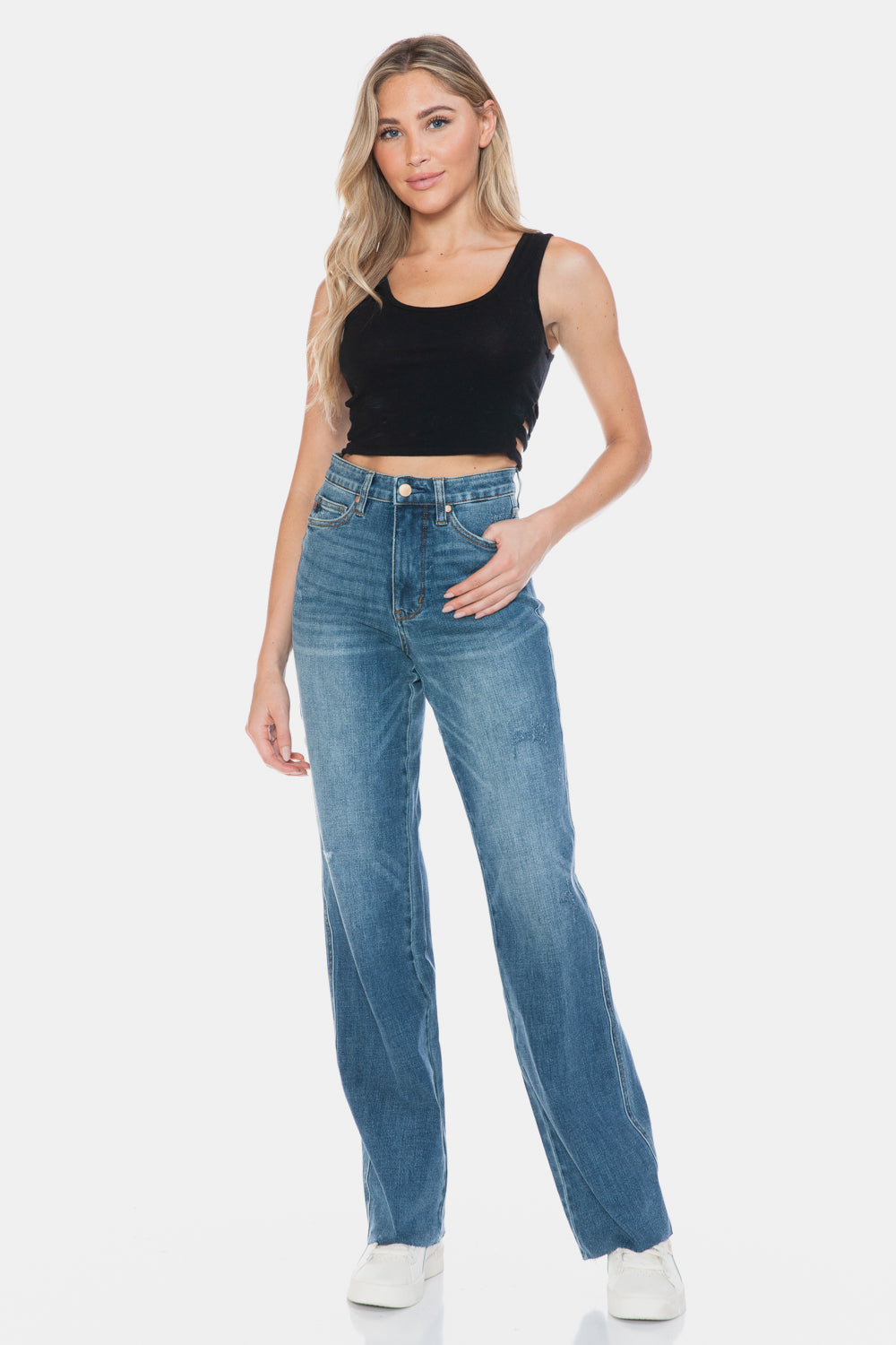 Judy Blue Full Size Tummy Control Cut Raw Hem Straight Jeans - Classique Collection