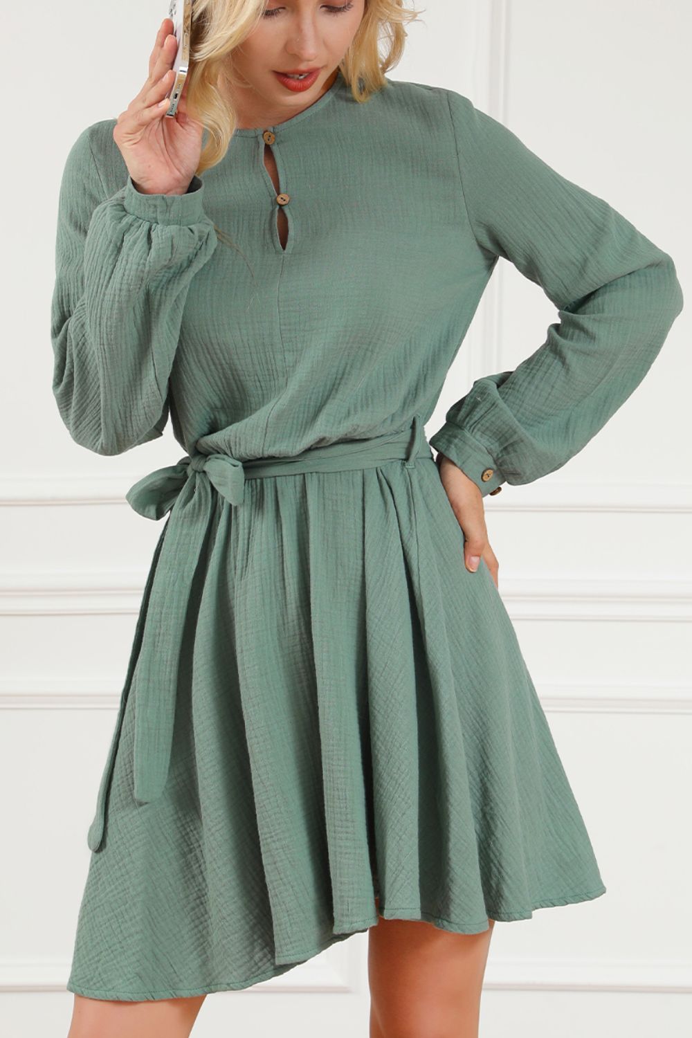 Round Neck Long Sleeve Tie Waist Dress - Classique Collection