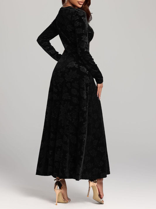 Rose Print V-Neck Long Sleeve Dress - Classique Collection