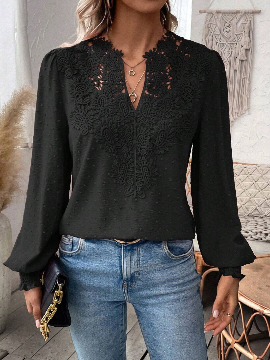 Swiss Dot Lace Detail Notched Long Sleeve Blouse - Classique Collection