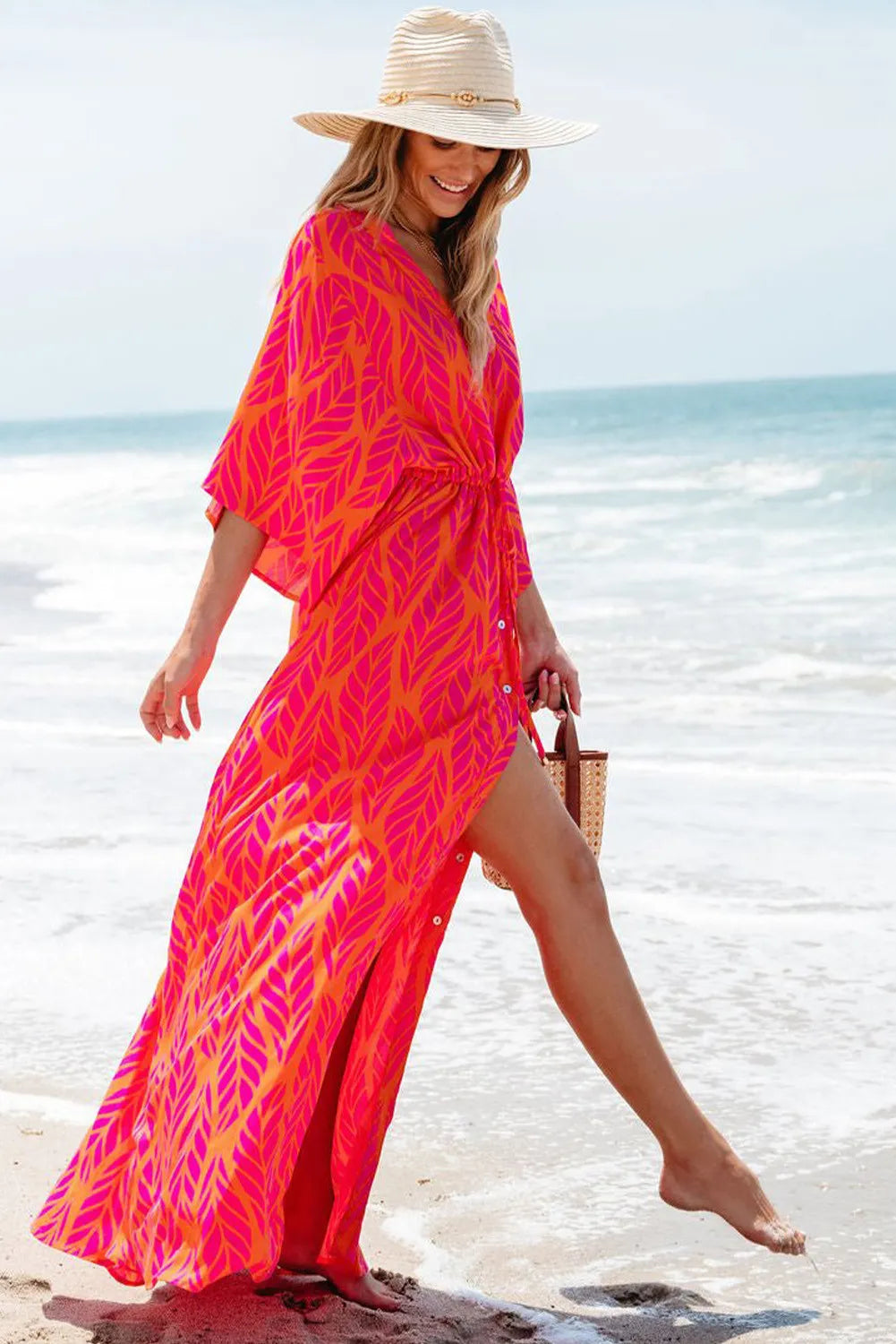Drawstring Printed V-Neck Maxi Dress - Classique Collection