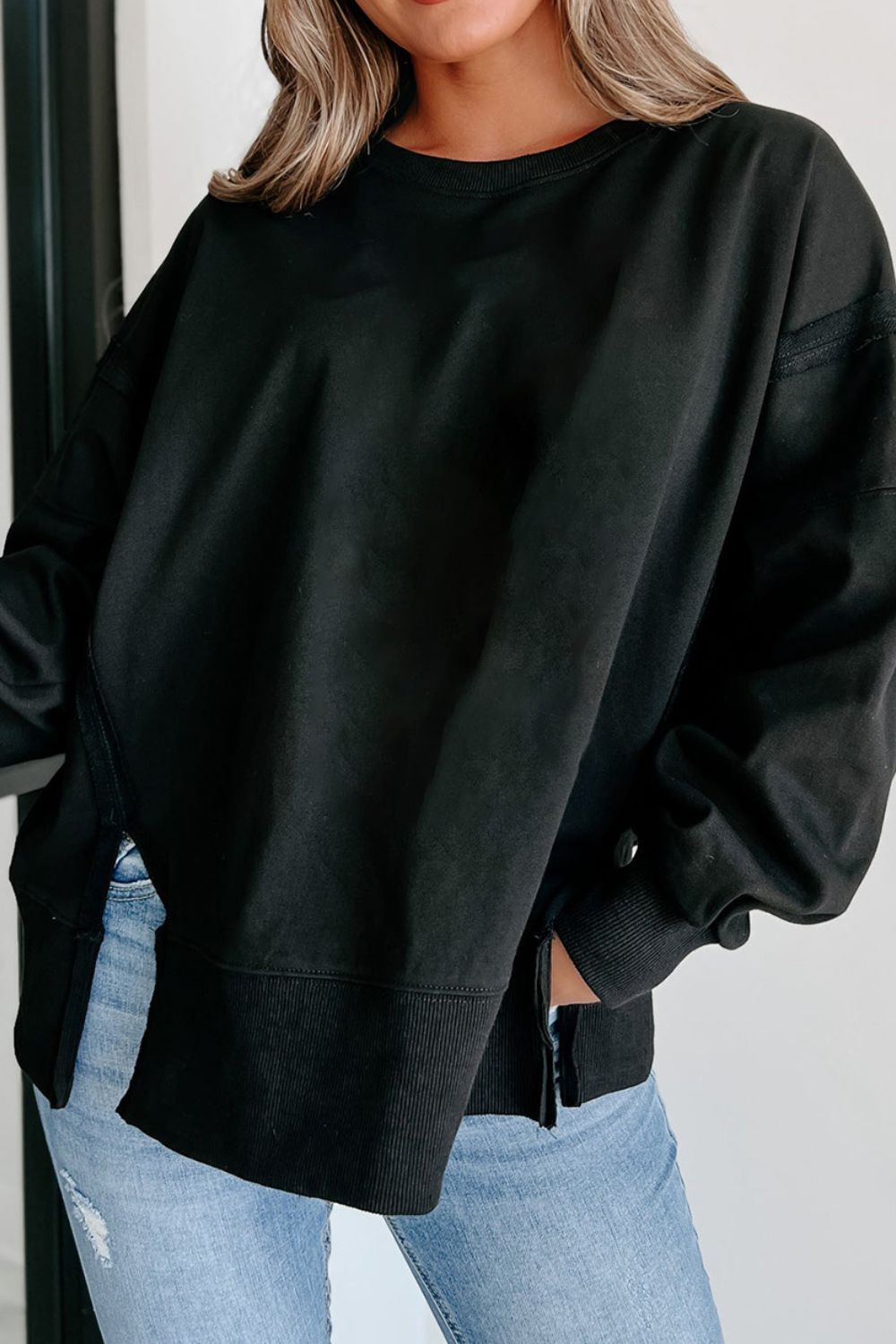 Side Slit Round Neck Long Sleeve Sweatshirt - Classique Collection