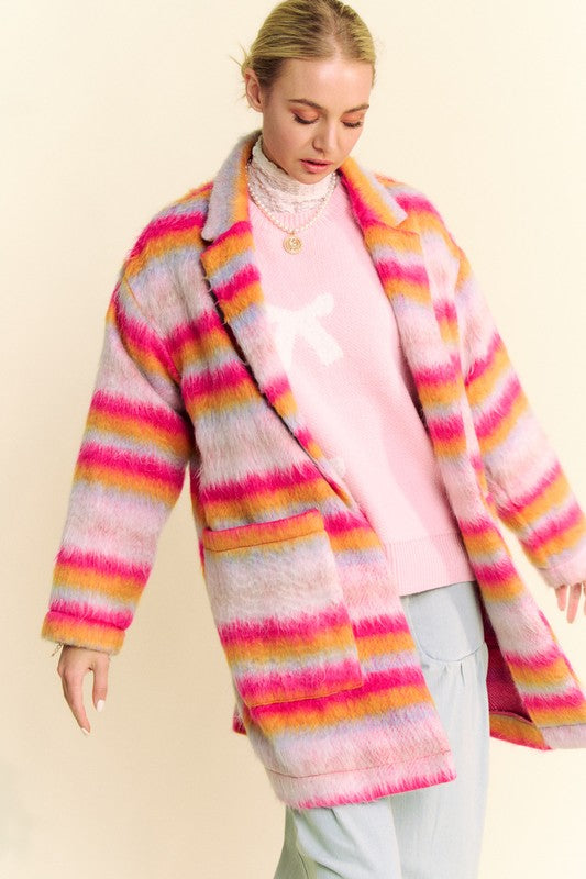 Davi & Dani Contrast Striped Open Front Coat with Pockets - Classique Collection