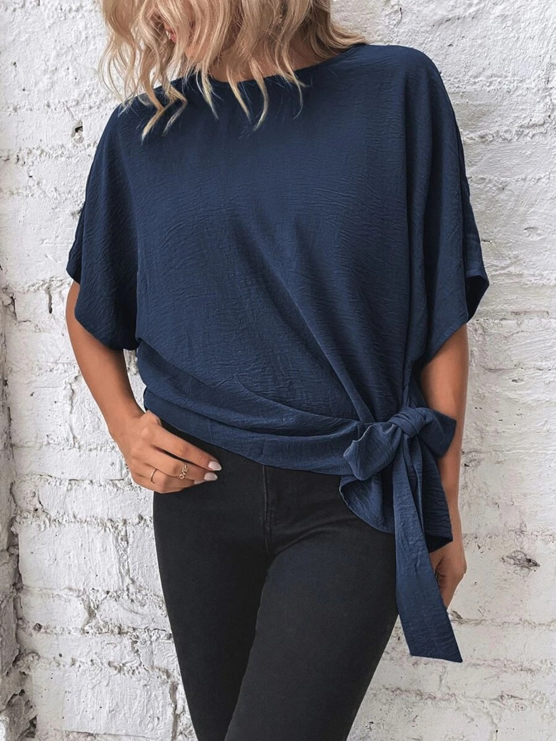 Knotted Round Neck Half Sleeve Blouse - ClassiQ