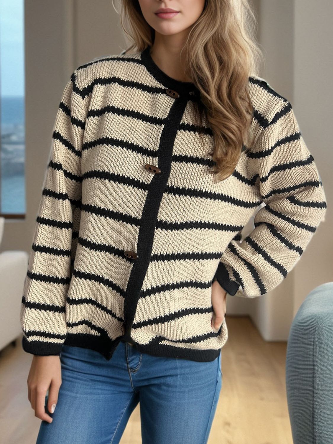 Striped Round Neck Long Sleeve Cardigan - ClassiQ