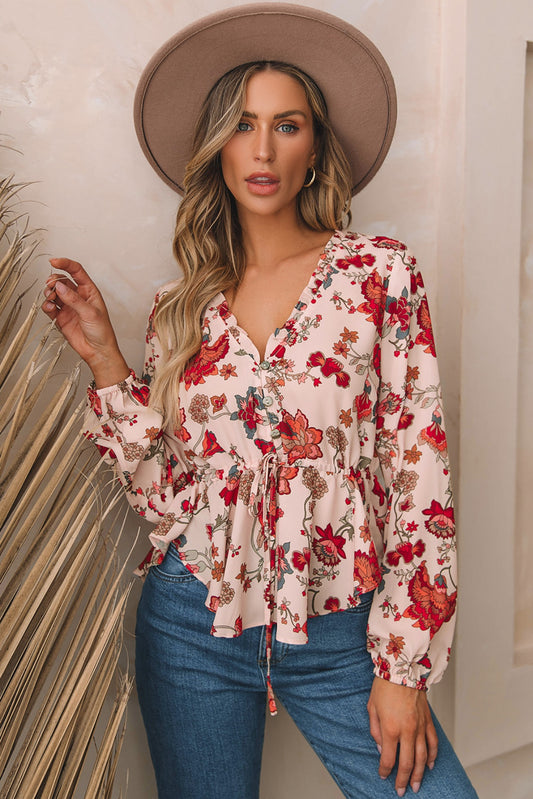 Floral V-Neck Drawstring Peplum Blouse - Classique Collection