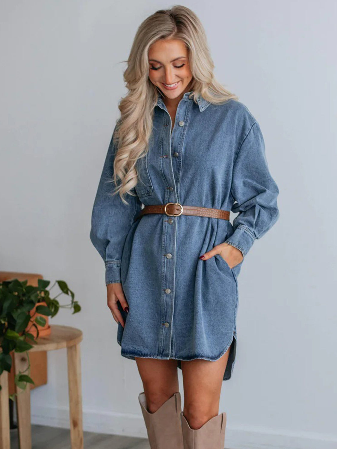 Button Up Collared Neck Long Sleeve Denim Dress - Classique Collection