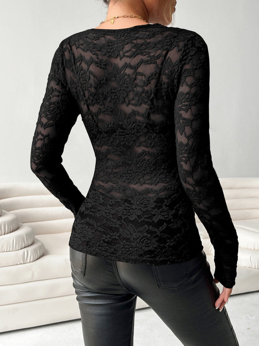 V-Neck Long Sleeve Lace Top - Classique Collection