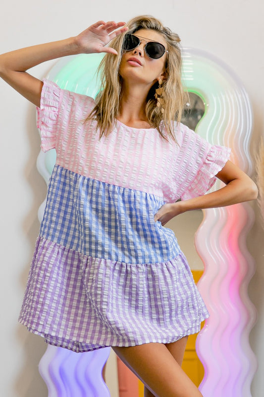 BiBi Plaid Color Block Tiered Top - Classique Collection