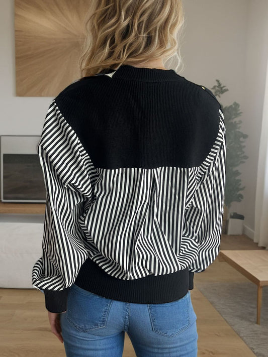 Striped Button Down Long Sleeve Cardigan - ClassiQ