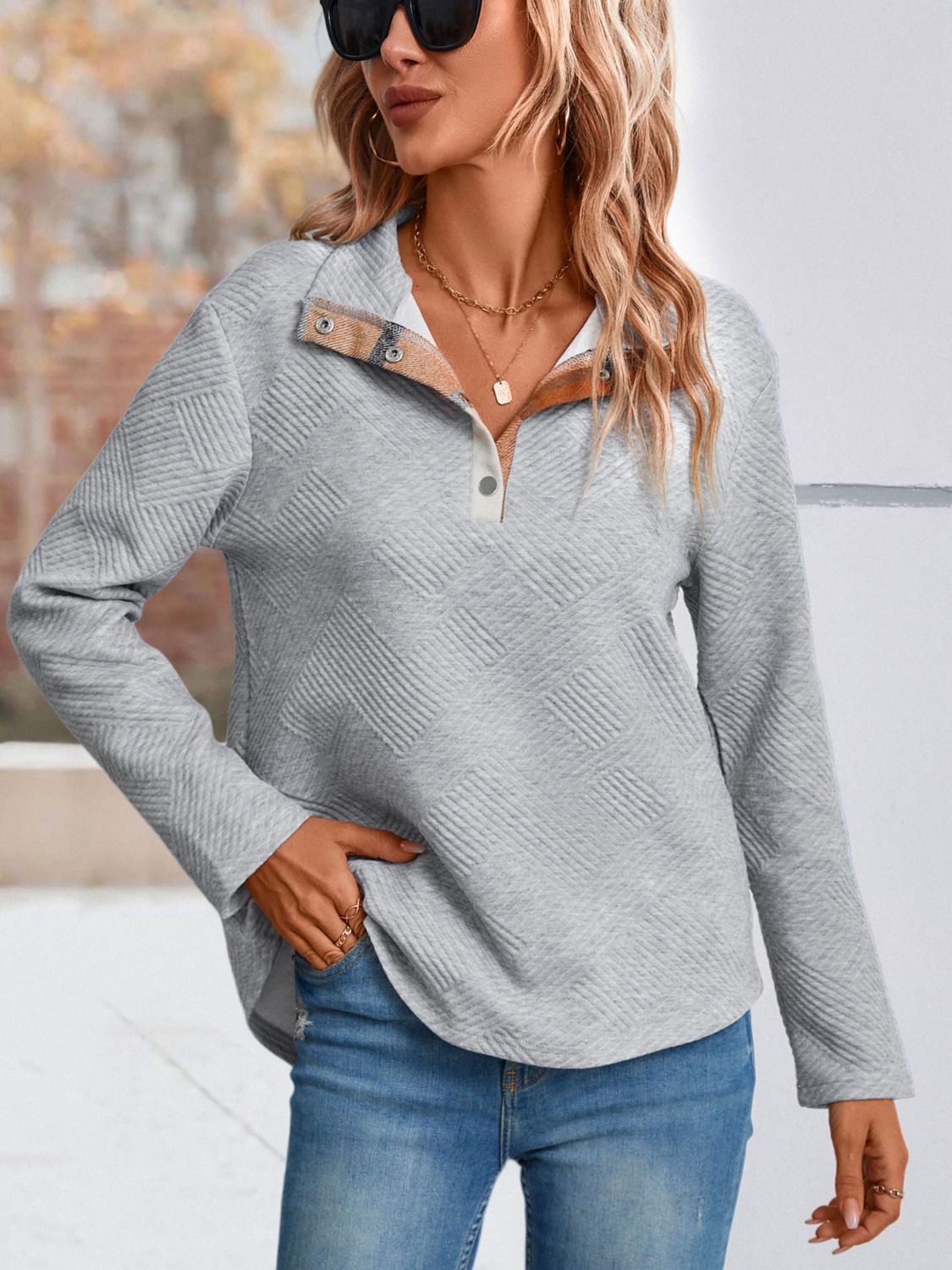 Perfee Spliced Plaid Quarter-Snap Mock Neck Top - Classique Collection