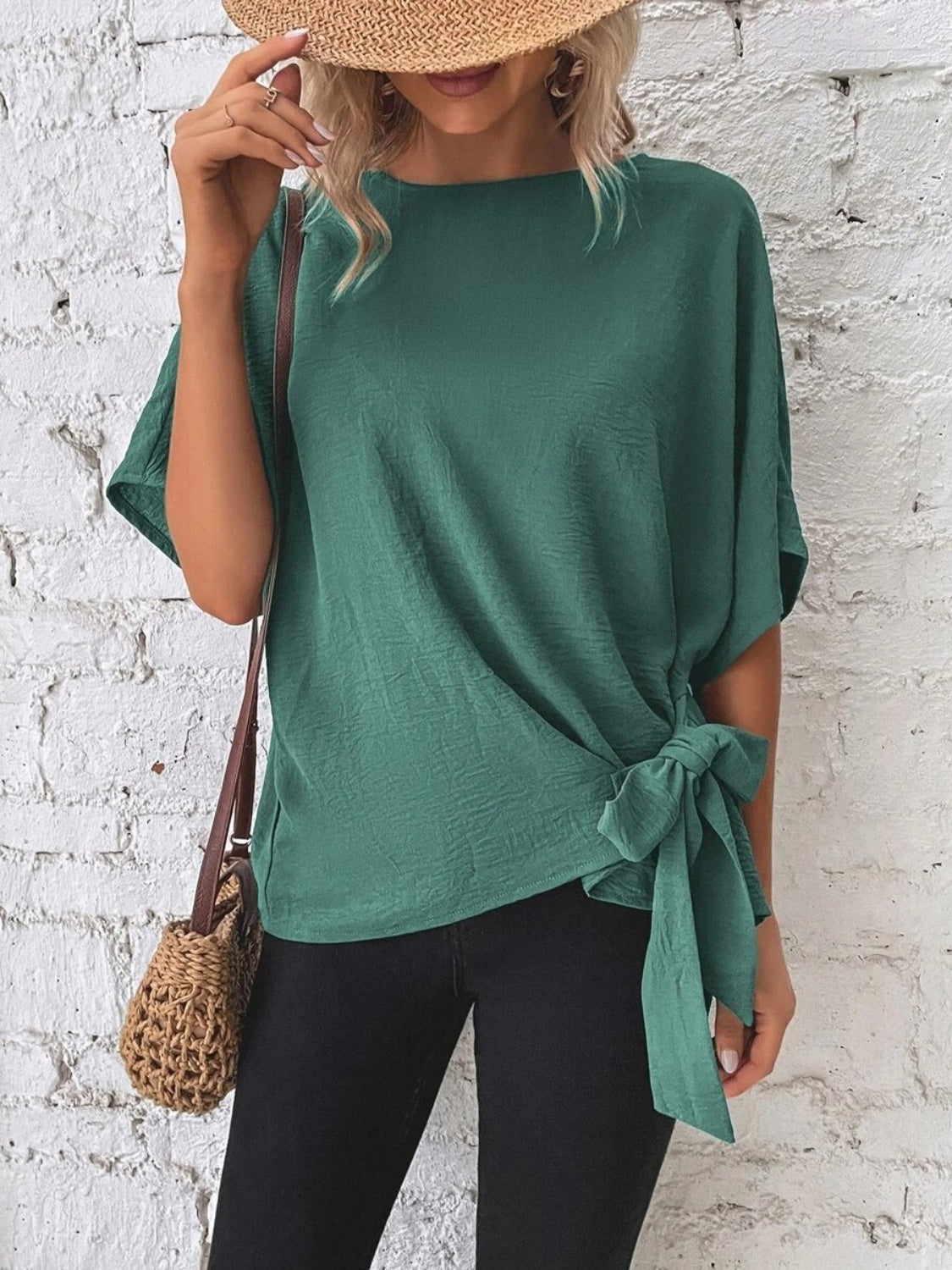 Knotted Round Neck Half Sleeve Blouse - ClassiQ