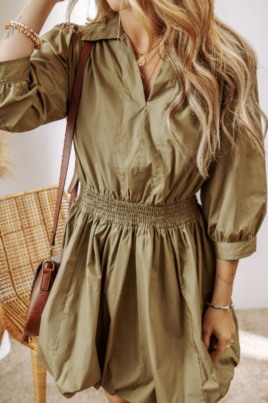 Smocked Johnny Collar Three-Quarter Sleeve Mini Dress - Classique Collection