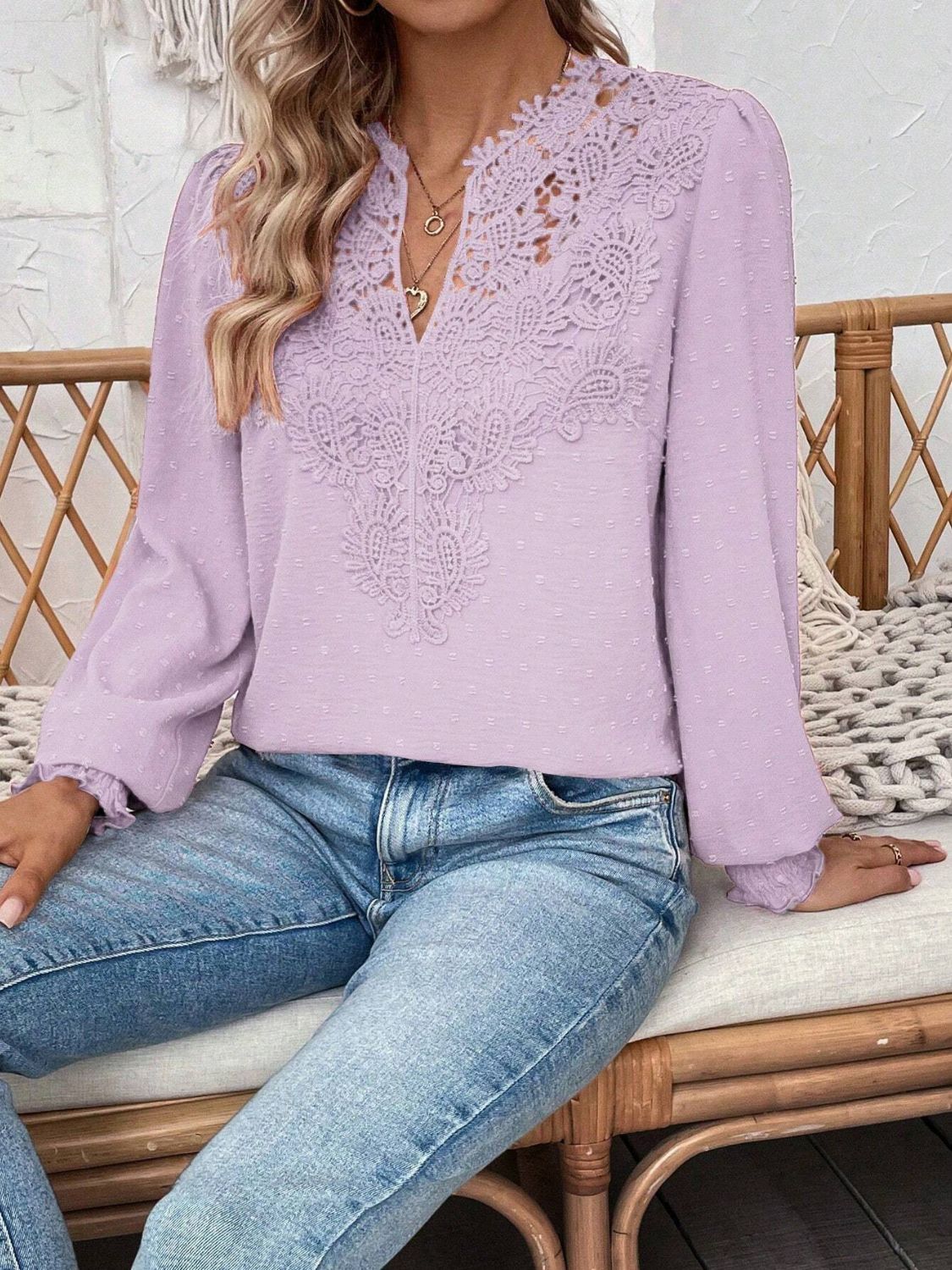 Swiss Dot Lace Detail Notched Long Sleeve Blouse - Classique Collection