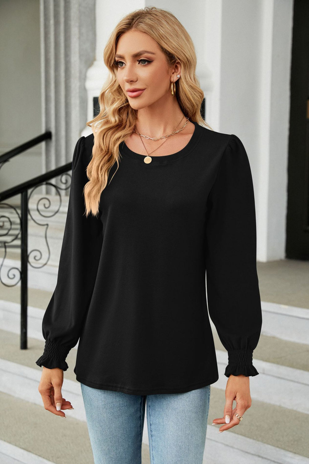 Round Neck Smocked Flounce Sleeve Blouse - Classique Collection