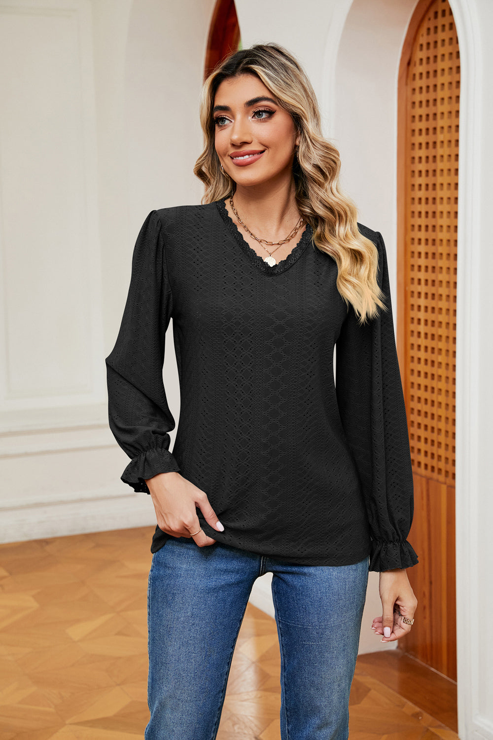 V-Neck Flounce Sleeve Blouse - Classique Collection