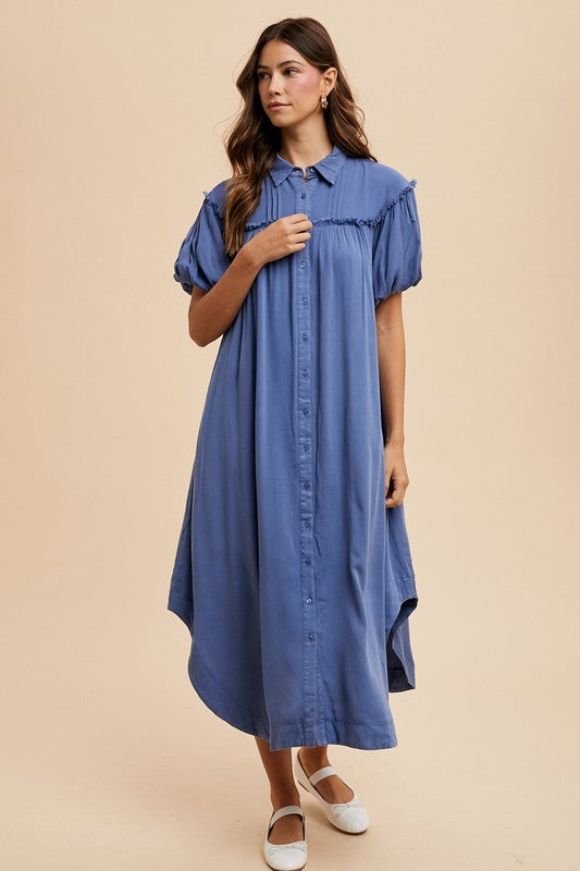Annie Wear Mineral Washed Button Down Puff Sleeve Shirt Dress - ClassiQ