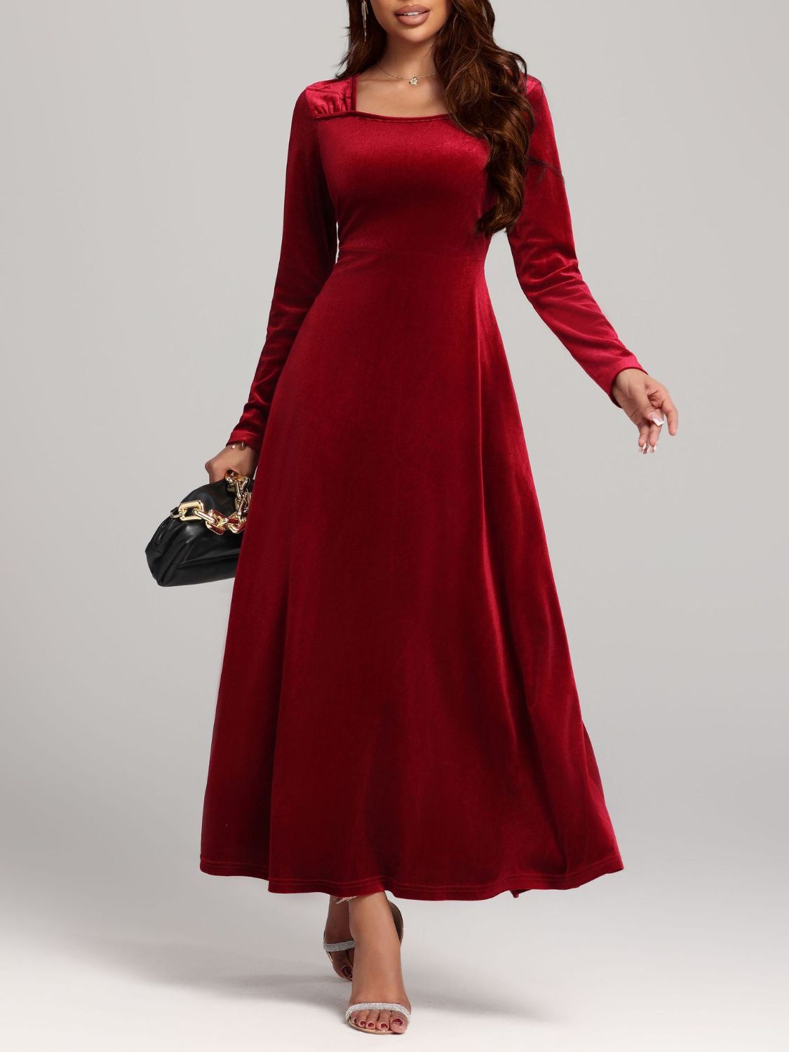 Square Neck Long Sleeve Velvet Dress - Classique Collection