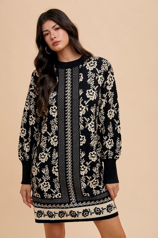 Annie Wear Floral Jacquard Round Neck Sweater Dress - Classique Collection