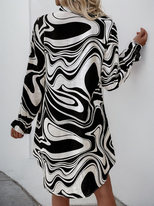 Perfee Ruffled Printed V-Neck Long Sleeve Dress - Classique Collection