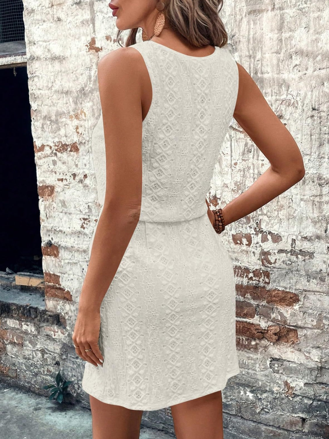 Eyelet Drawstring Round Neck Sleeveless Dress - Classique Collection