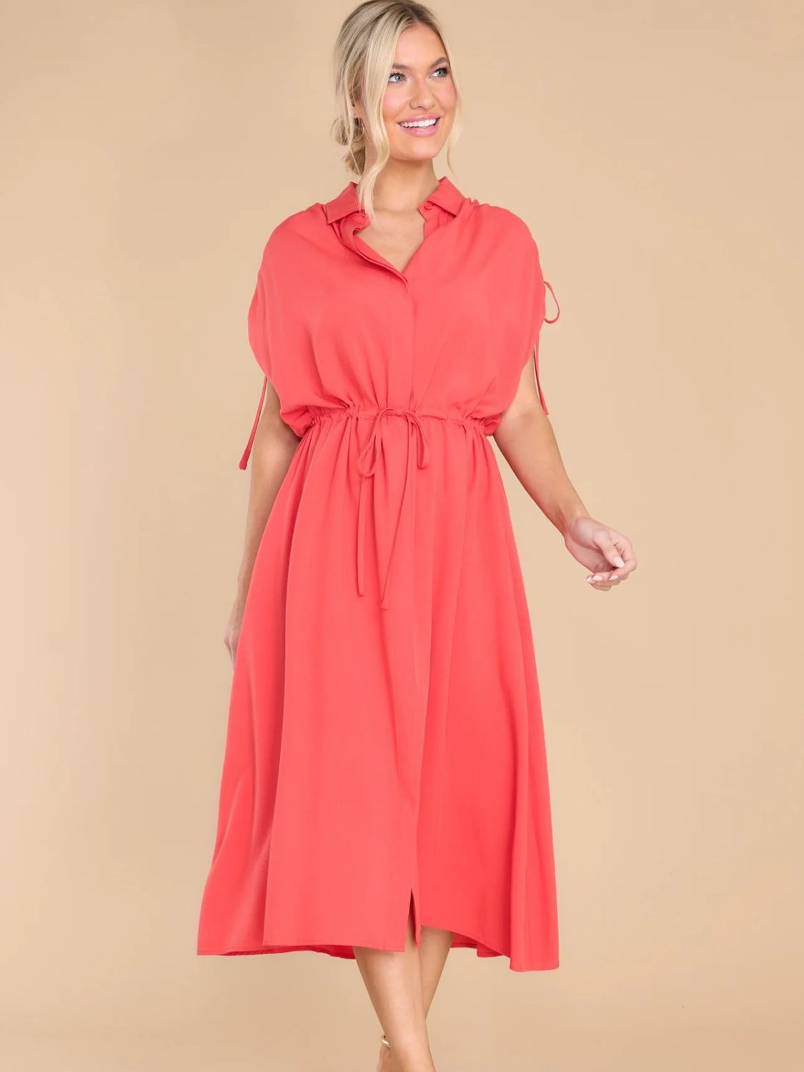 Drawstring Collared Neck Short Sleeve Midi Dress - Classique Collection
