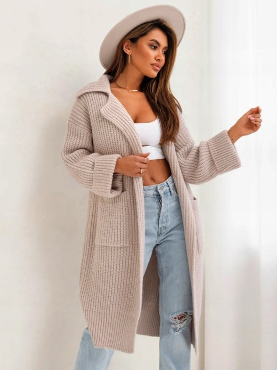 Pocketed Collared Neck Dropped Shoulder Cardigan - ClassiQ