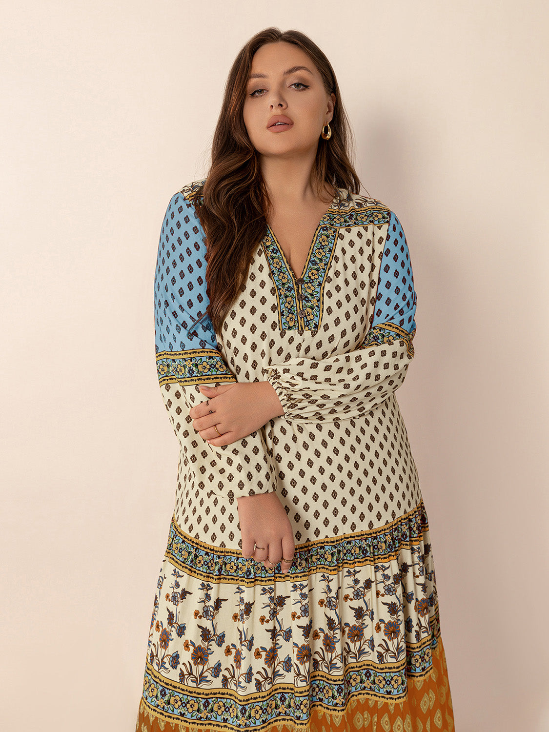 Plus Size Printed V-Neck Balloon Sleeve Maxi Dress - Classique Collection
