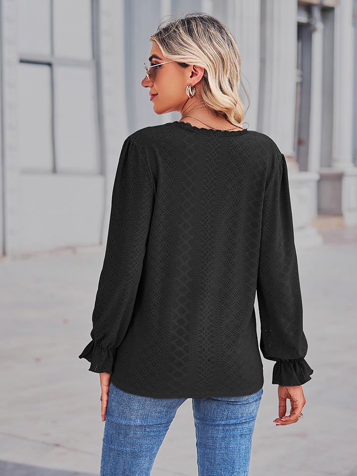 Eyelet V-Neck Flounce Sleeve Blouse - Classique Collection