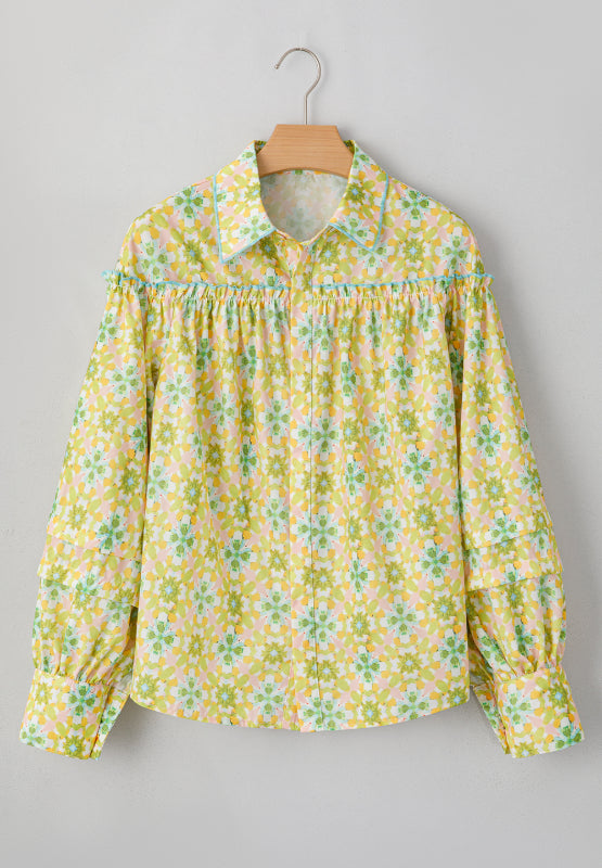Frill Printed Collared Neck Long Sleeve Blouse - Classique Collection