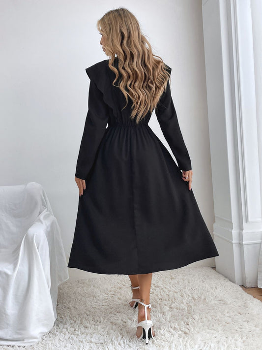 Ruched Ruffled Round Neck Long Sleeve Dress - Classique Collection
