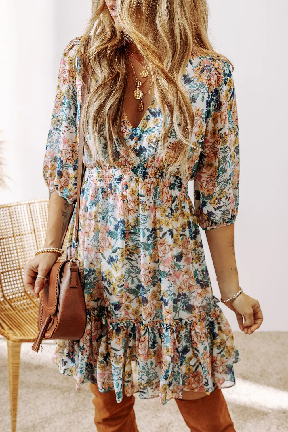 Printed V-Neck Half Sleeve Dress - Classique Collection