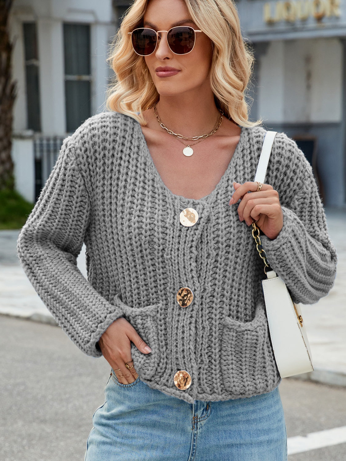Round Neck Button Up Cardigan with Pockets - ClassiQ