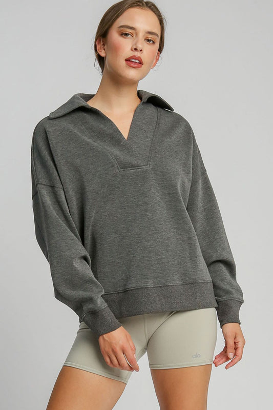 Umgee Johnny Collar Dropped Shoulder Sweatshirt - Classique Collection