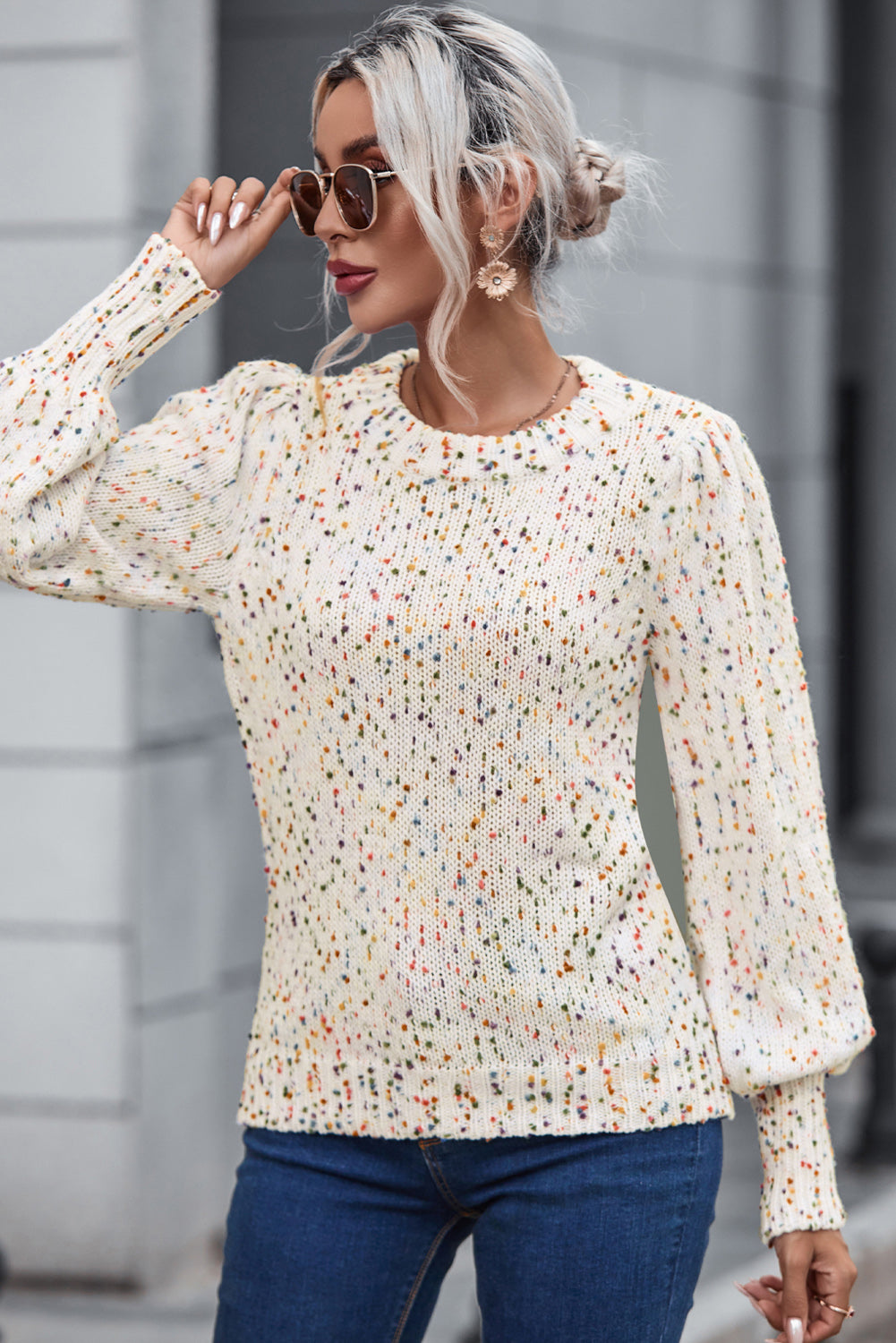 Heathered Round Neck Lantern Sleeve Sweater - ClassiQ
