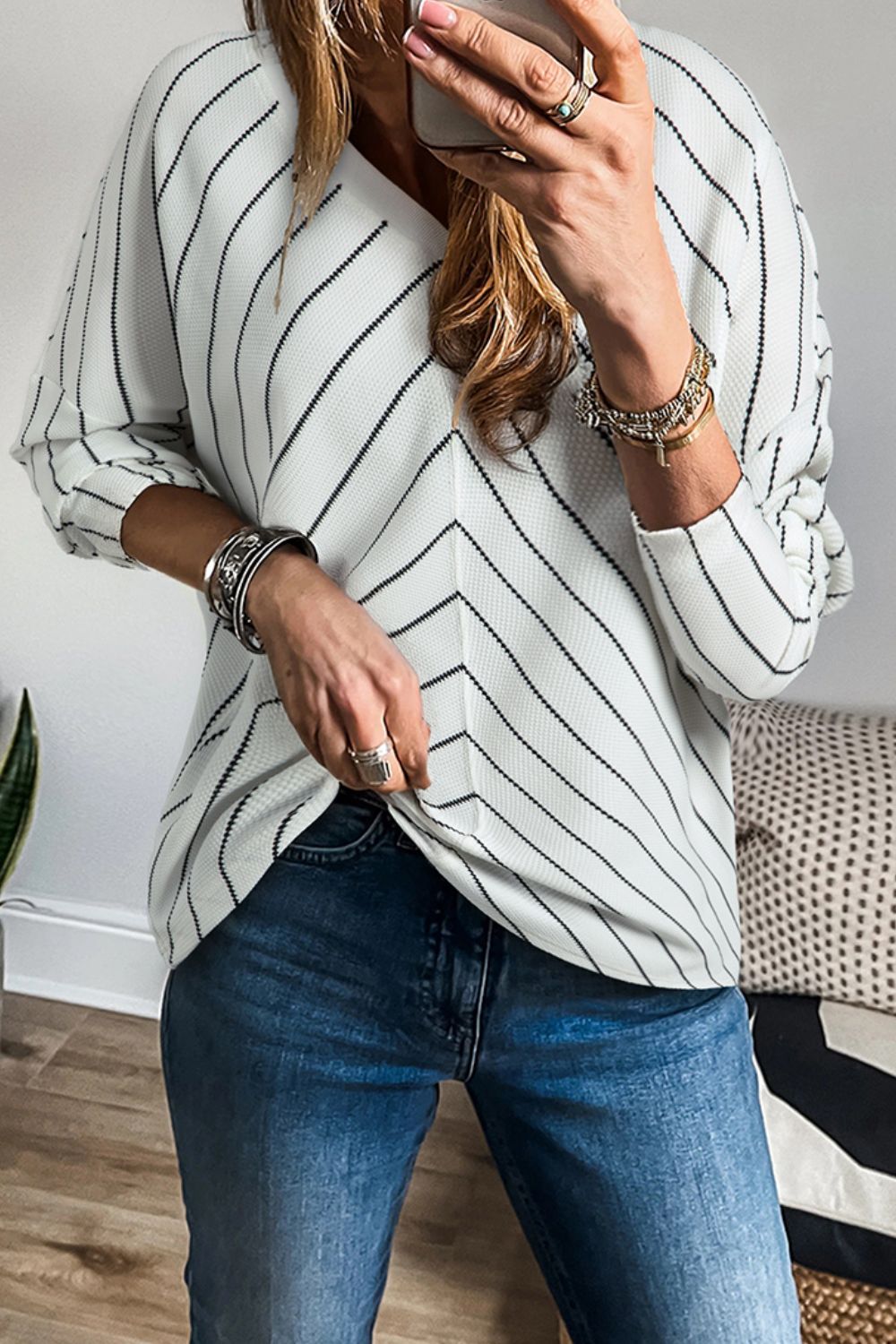 Striped V-Neck Long Sleeve Blouse - Classique Collection