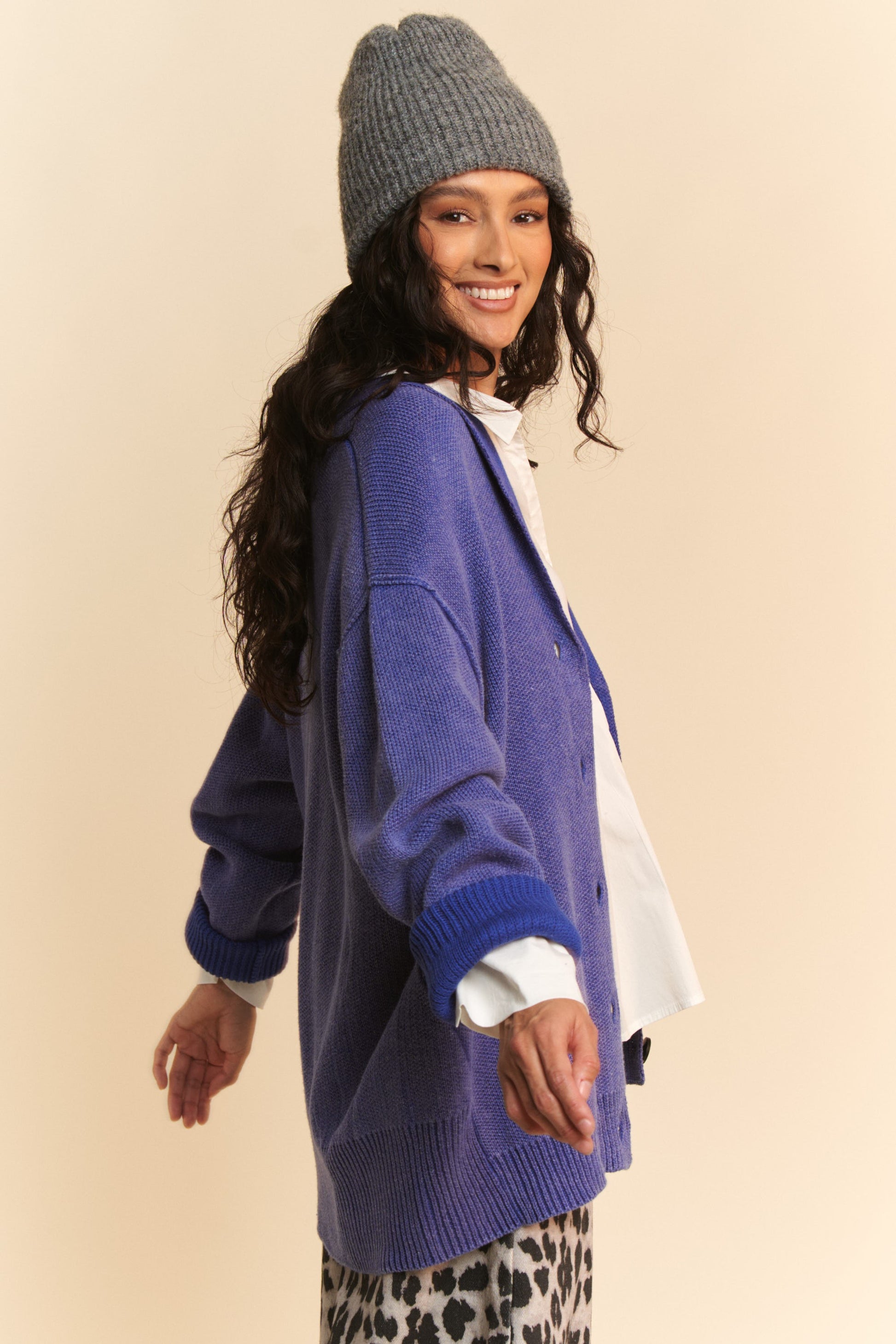 Davi & Dani Shawl Collar Ribbed Detail Button Up Cardigan - Classique Collection
