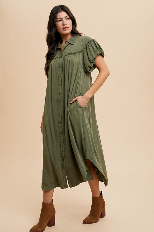 Annie Wear Mineral Washed Button Down Puff Sleeve Shirt Dress - ClassiQ